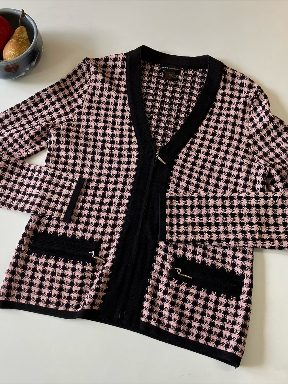 Womens Pink & Black Houndstooth Knit Jacket (Tall)
